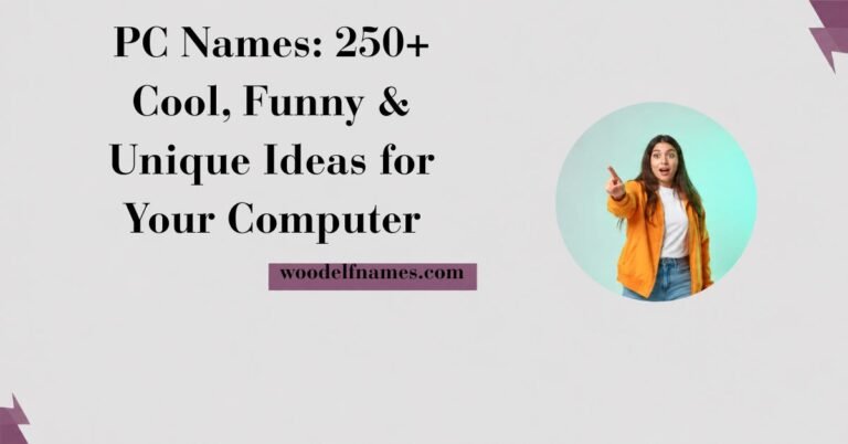 Text graphic reading "PC Names: 250+ Cool, Funny & Unique Ideas for Your Computer" with woodelfnames.com website label and an excited woman pointing in a circular frame.