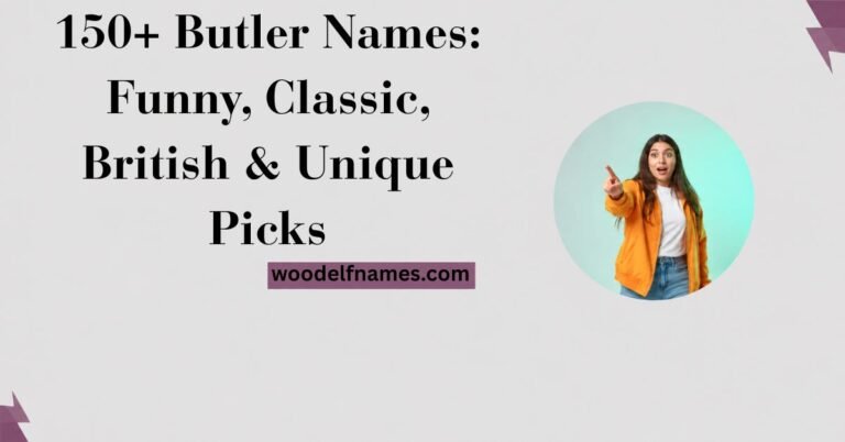Text graphic reading "150+ Butler Names: Funny, Classic, British & Unique Picks" with woodelfnames.com website label and an excited woman pointing in a circular frame.