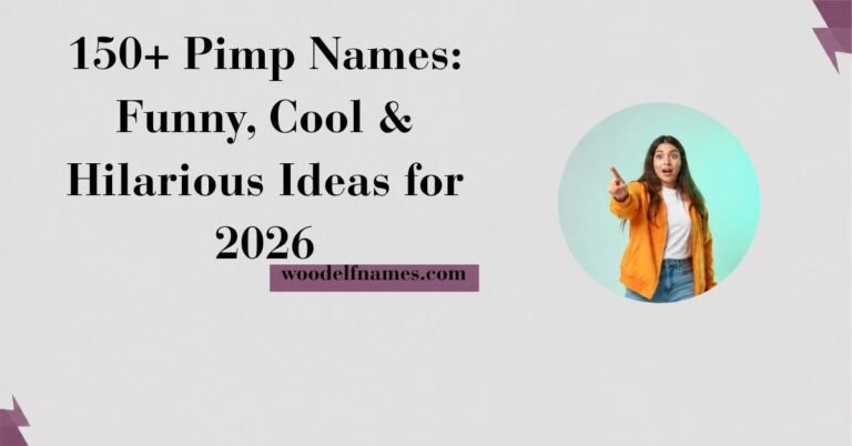 Text graphic reading "150+ Pimp Names: Funny, Cool & Hilarious Ideas for 2026" with woodelfnames.com website label and an excited woman pointing in a circular frame.