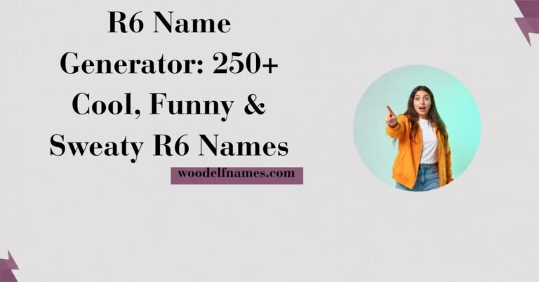 A featured banner with bold typography reading R6 Name Generator 250+ Cool Funny and Sweaty R6 Names on a light grey background with woodelfnames.com branding and a circular photo cutout of a woman pointing.