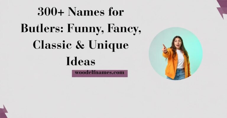 An image graphic with bold text reading '300+ Names for Butlers: Funny, Fancy, Classic & Unique Ideas' on a light grey background, featuring a circular inset of a pointing woman in a yellow jacket and the website URL woodelfnames.com.