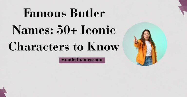 Featured image banner displaying text reading Famous Butler Names 50+ Iconic Characters to Know with woodelfnames.com website label and a circular portrait of a young woman pointing.