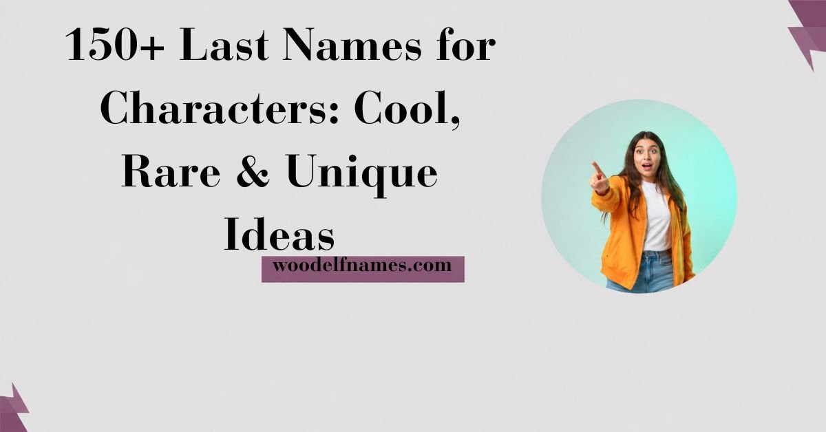 Featured article banner with bold black serif text reading 150+ Last Names for Characters Cool Rare and Unique Ideas next to a purple woodelfnames.com site badge and a circular picture cutout of a woman pointing.