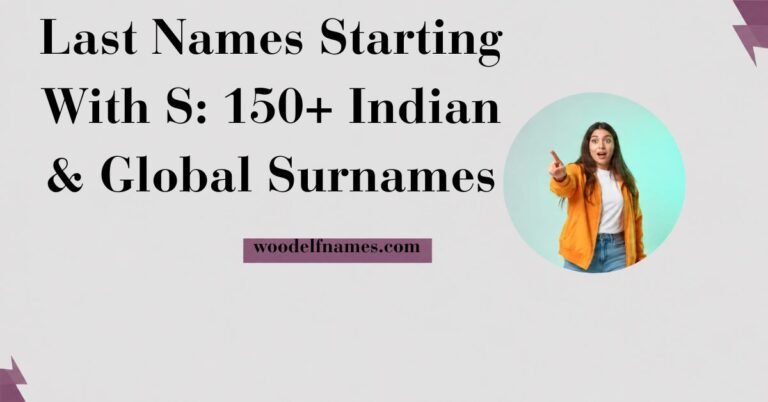 Text graphic reading "Last Names Starting With S: 150+ Indian & Global Surnames" with woodelfnames.com website label and an excited woman pointing in a circular frame.