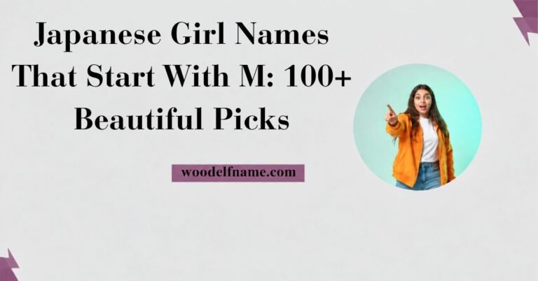 Text graphic reading "Japanese Girl Names That Start With M: 100+ Beautiful Picks" with woodelfname.com website label and an excited woman pointing in a circular frame