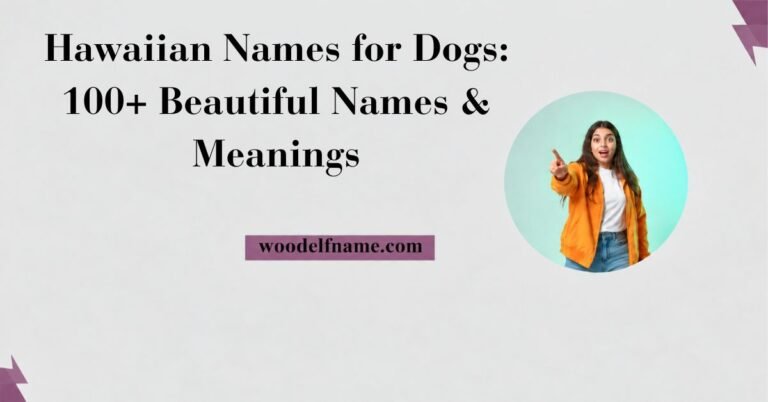 Text graphic reading "Healer Names: 500+ Fantasy, Cool & Unique Ideas" with woodelfname.com website label and an excited woman pointing in a circular frame
