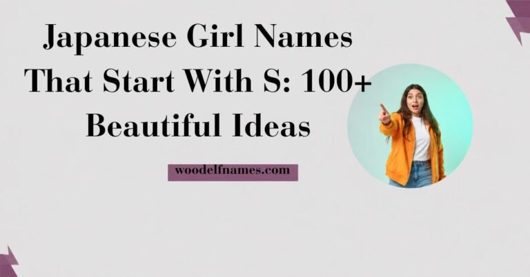 Text graphic reading "Japanese Girl Names That Start With S: 100+ Beautiful Ideas" with woodelfnames.com website label and an excited woman pointing in a circular frame.