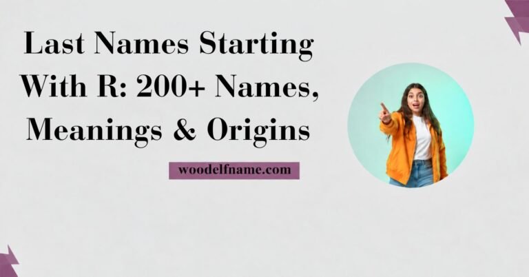 Featured banner graphic for "Last Names Starting With R" featuring bold black typography and a woman pointing inside a circular inset frame on a light gray background.