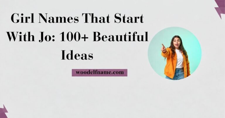 A horizontal banner image on a light grey background featuring bold black serif text reading "Girl Names That Start With Jo: 100+ Beautiful Ideas". The lower center features a purple badge displaying woodelfname.com, and the right side includes a circular image frame showing an excited woman in an orange jacket pointing forward.