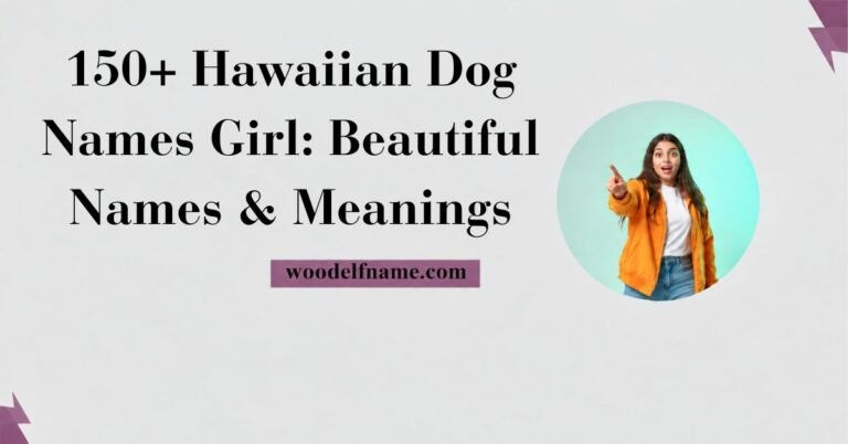 A horizontal web banner image on a light grey background featuring bold black serif typography reading "150+ Hawaiian Dog Names Girl: Beautiful Names & Meanings". Positioned at the lower center is a purple badge displaying woodelfname.com, and on the right side is a circular image frame showing an excited woman in an orange jacket pointing forward.