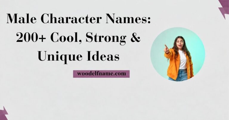 A horizontal web banner image on a light grey background featuring bold black serif typography reading "Male Character Names: 200+ Cool, Strong & Unique Ideas".Positioned at the lower center is a purple badge displaying woodelfname.com, and on the right side is a circular image frame showing an excited woman in an orange jacket pointing forward
