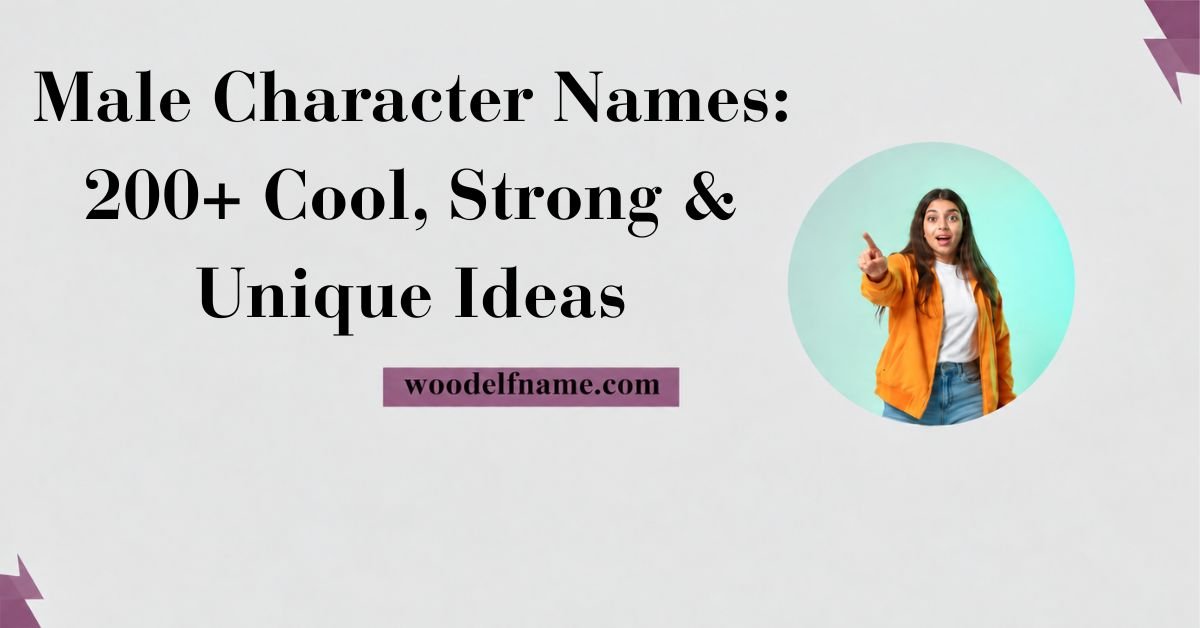 A horizontal web banner image on a light grey background featuring bold black serif typography reading "Male Character Names: 200+ Cool, Strong & Unique Ideas".Positioned at the lower center is a purple badge displaying woodelfname.com, and on the right side is a circular image frame showing an excited woman in an orange jacket pointing forward